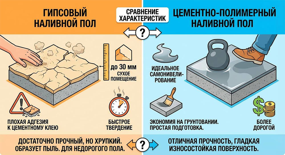 Сравнение характеристик гипсового и цементного наливного пола фото