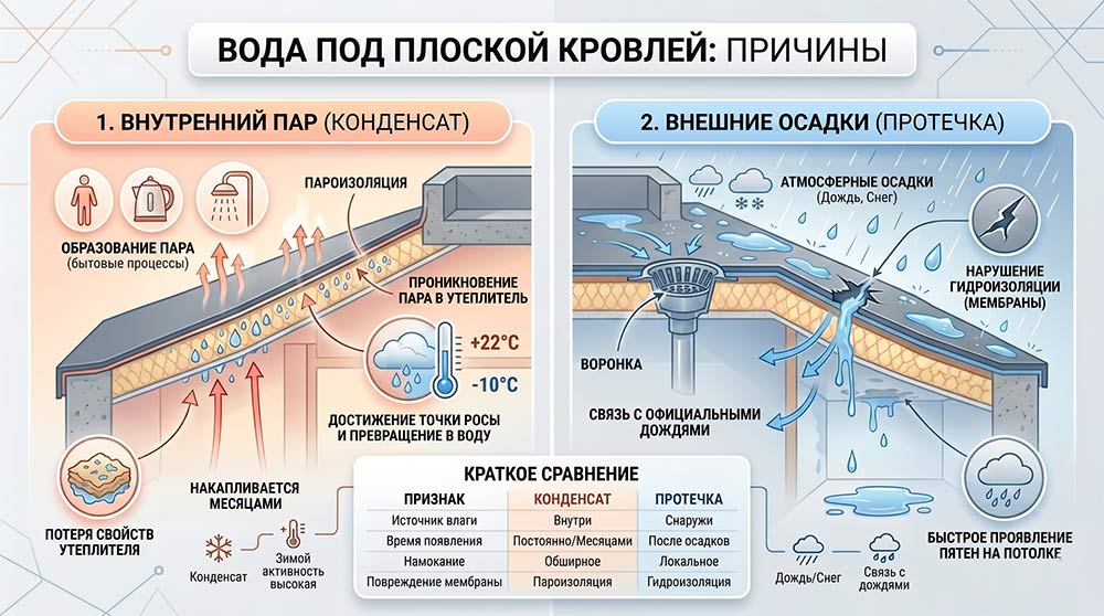 Почему под кровлей вообще появляется вода фото