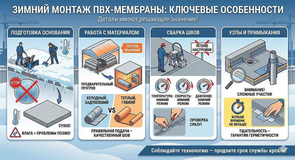 Влияет ли зимний монтаж на срок службы ПВХ-мембраны фото
