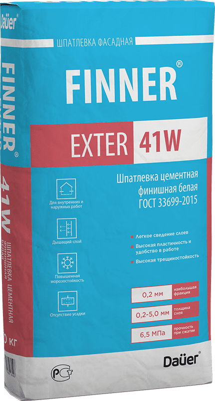 подробно FINNER® EXTER 41W Шпатлевка цементная финишная белая 180/6,5/F50 ГОСТ 33699