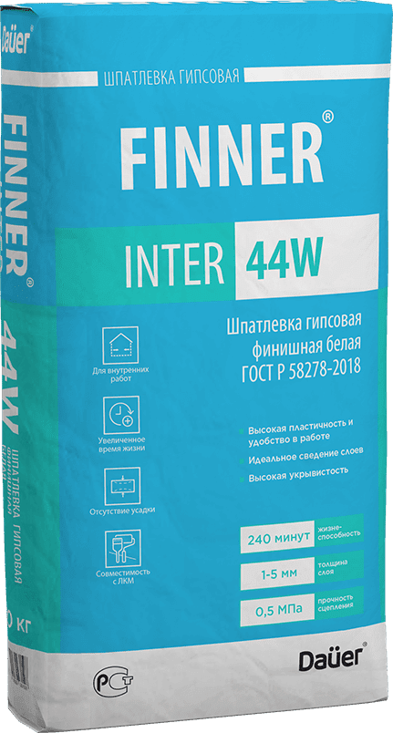 подробно FINNER® INTER 44 W Шпатлевка гипсовая финишная белая 20 кг