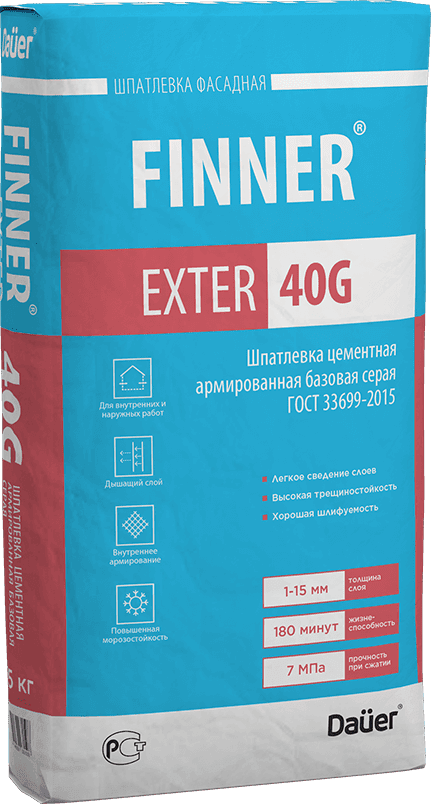 подробно FINNER® EXTER 40 G Шпатлевка цементная армированная базовая серая 25 кг