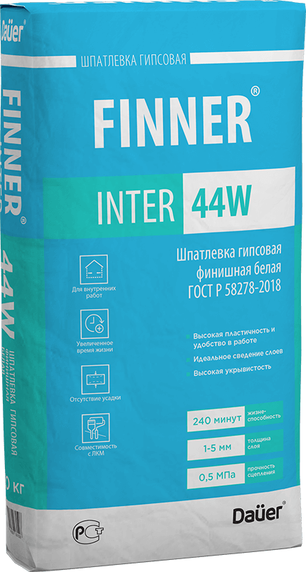 подробно FINNER® INTER 44 W Шпатлевка гипсовая финишная белая 20 кг