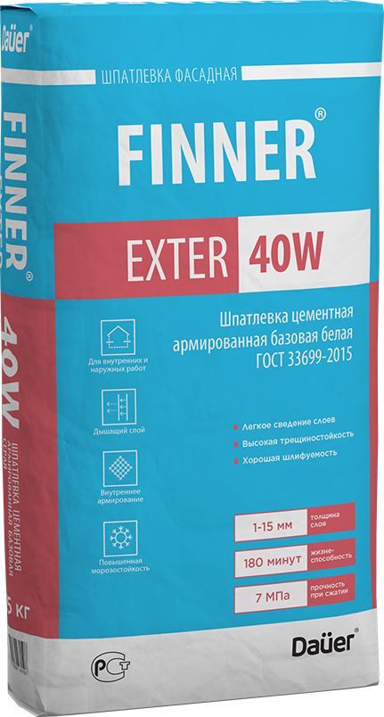 подробно FINNER® EXTER 40W Шпатлевка цементная армированная базовая белая 180/7,0/F50 ГОСТ 33699