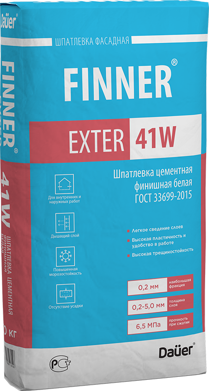 подробно FINNER® EXTER 41W Шпатлевка цементная финишная белая 180/6,5/F50 ГОСТ 33699
