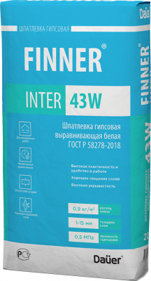 FINNER® INTER 43 W Шпатлевка гипсовая выравнивающая белая 20 кг подробно