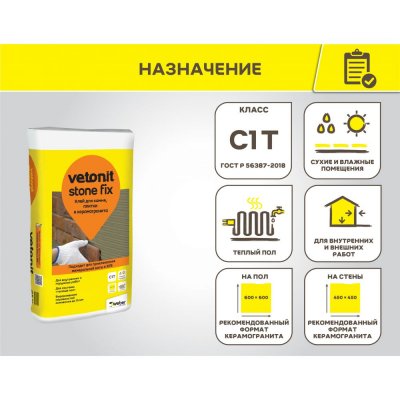 Клей для камня, плитки и керамогранита Vetonit Stone Fix подробно