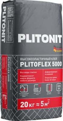 PLITONIT PLITOFLEX 5000 C2 E S2 , 20 кг, Серый высокоэластичный клей для всех видов плит подробно