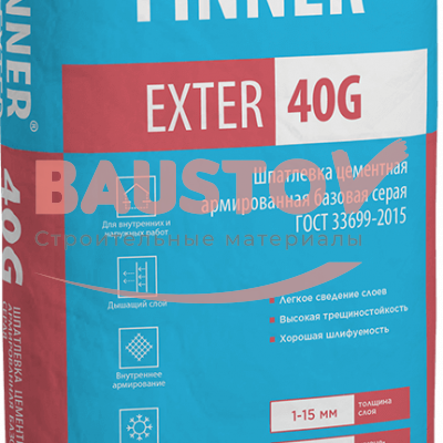 FINNER® EXTER 40 G Шпатлевка цементная армированная базовая серая 25 кг подробно