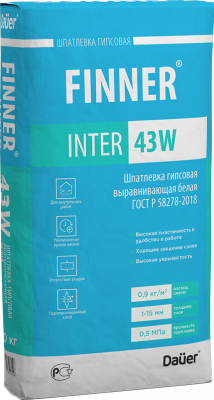 FINNER® INTER 43 W Шпатлевка гипсовая выравнивающая белая 20 кг подробно