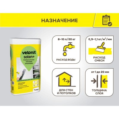 Шпаклевка универсальная гипсовая Vetonit Saten+ подробно