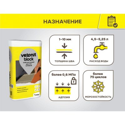 Цементный клей для тонкошовной кладки ячеистых блоков и кирпича Weber.Vetonit Block подробно
