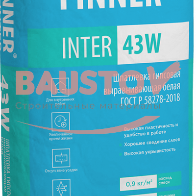 FINNER® INTER 43 W Шпатлевка гипсовая выравнивающая белая 20 кг подробно
